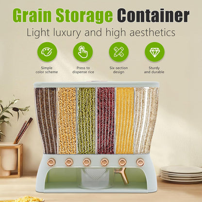 6 Grids Rice & Grain Storage Container 22.05 Pounds Rice Dispenser Food Dispenser Grain Dispenser One-Button Pressing Storage Bucket for Grains Snacks Candy Coffee Beans Dog (light green)