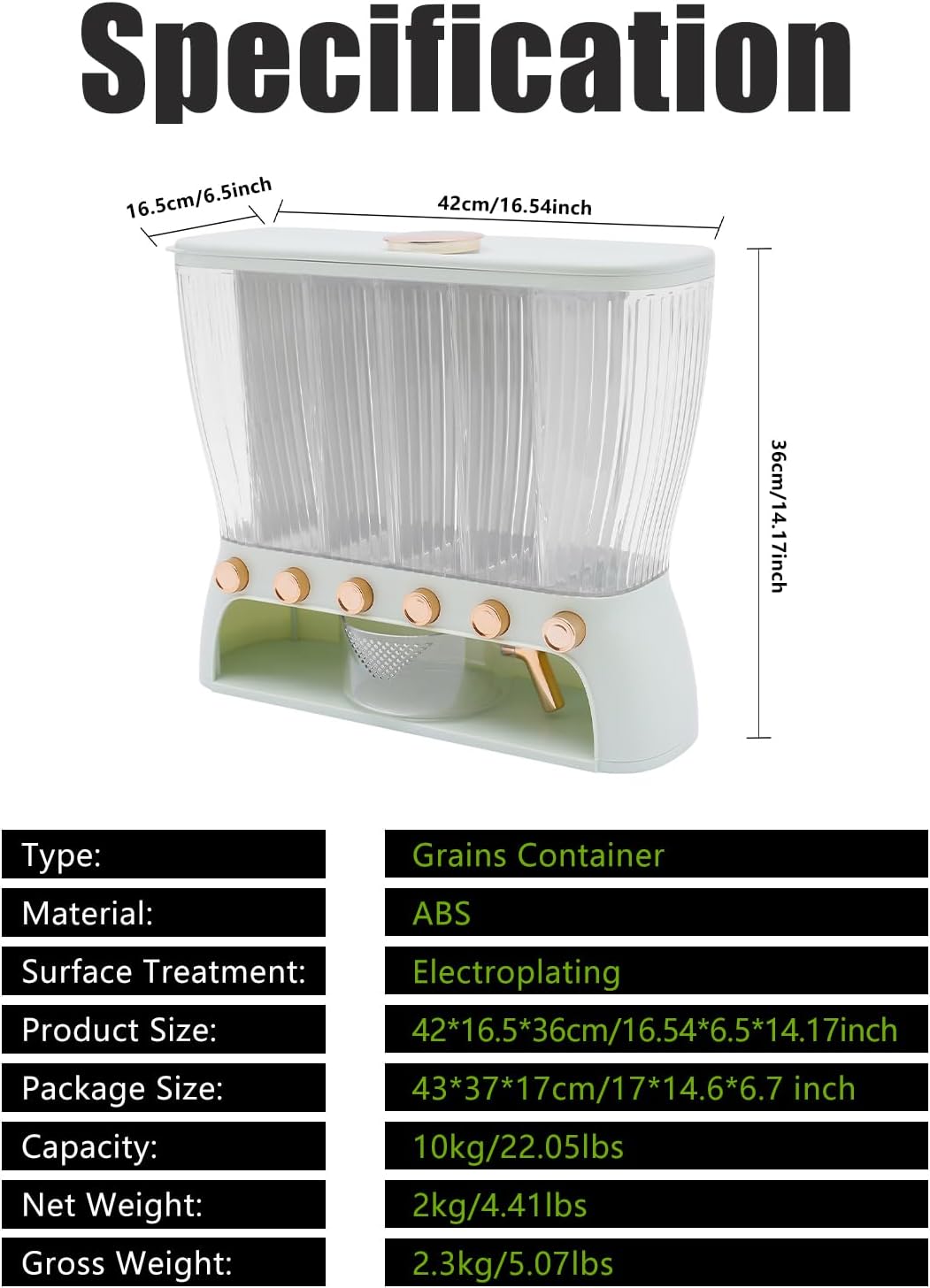 6 Grids Rice & Grain Storage Container 22.05 Pounds Rice Dispenser Food Dispenser Grain Dispenser One-Button Pressing Storage Bucket for Grains Snacks Candy Coffee Beans Dog (light green)