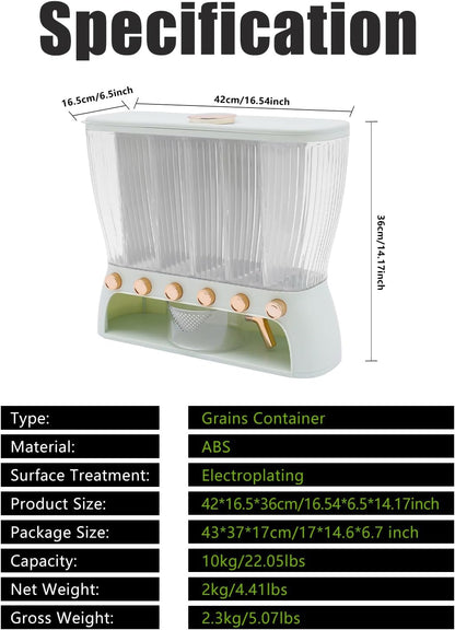 6 Grids Rice & Grain Storage Container 22.05 Pounds Rice Dispenser Food Dispenser Grain Dispenser One-Button Pressing Storage Bucket for Grains Snacks Candy Coffee Beans Dog (light green)