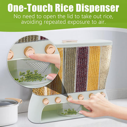 6 Grids Rice & Grain Storage Container 22.05 Pounds Rice Dispenser Food Dispenser Grain Dispenser One-Button Pressing Storage Bucket for Grains Snacks Candy Coffee Beans Dog (light green)