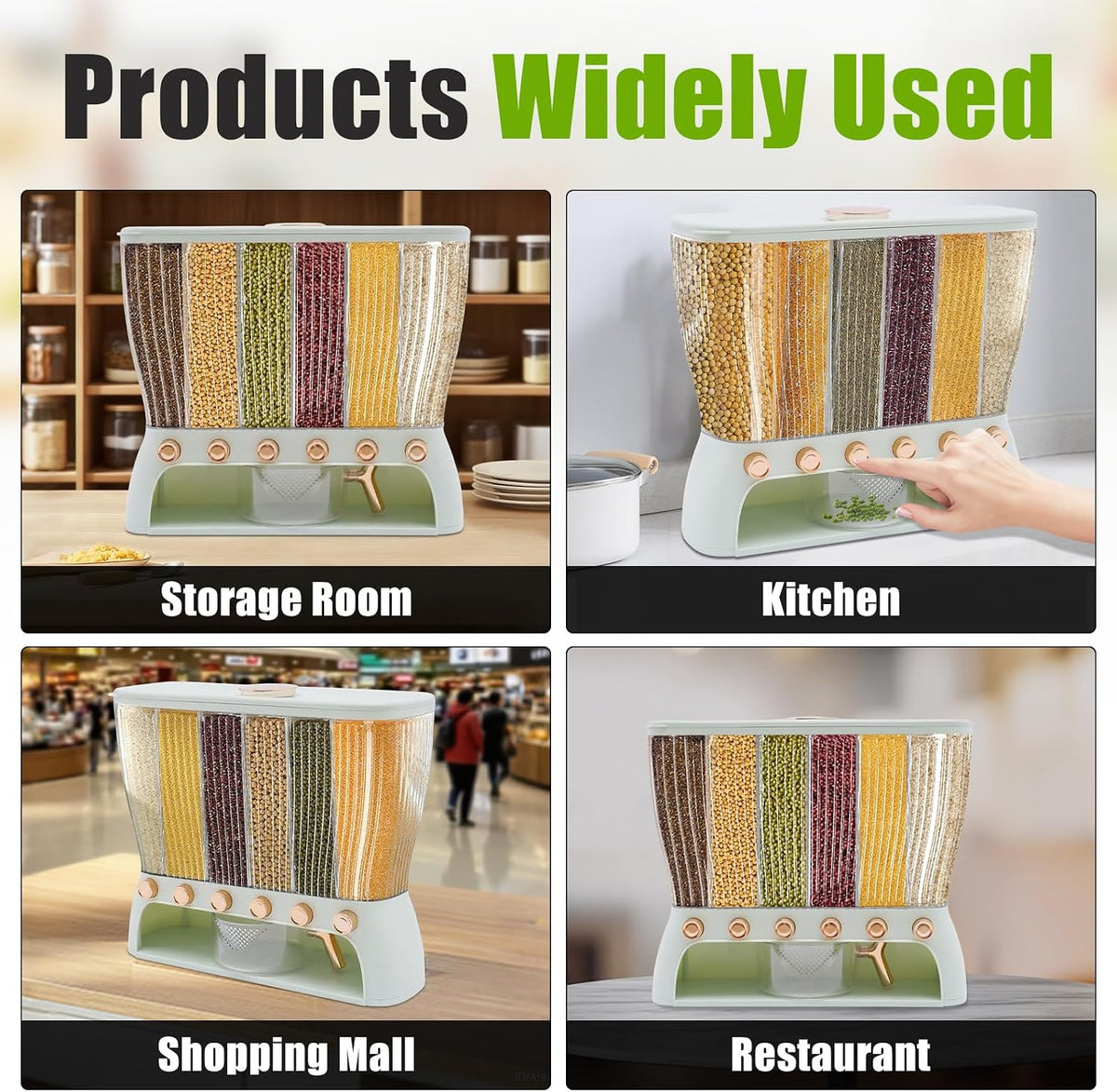 6 Grids Rice & Grain Storage Container 22.05 Pounds Rice Dispenser Food Dispenser Grain Dispenser One-Button Pressing Storage Bucket for Grains Snacks Candy Coffee Beans Dog (light green)