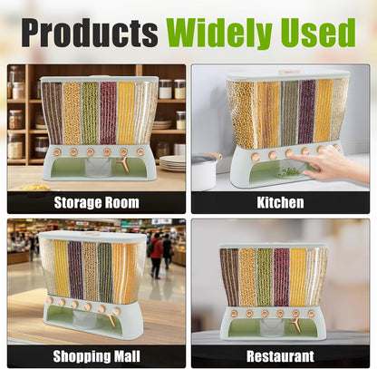 6 Grids Rice & Grain Storage Container 22.05 Pounds Rice Dispenser Food Dispenser Grain Dispenser One-Button Pressing Storage Bucket for Grains Snacks Candy Coffee Beans Dog (light green)