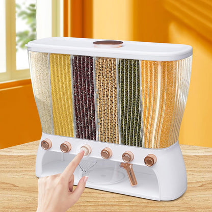 6 Grids Rice & Grain Storage Container 22.05 Pounds Rice Dispenser Food Dispenser Grain Dispenser One-Button Pressing Storage Bucket for Grains Snacks Candy Coffee Beans Dog (light green)