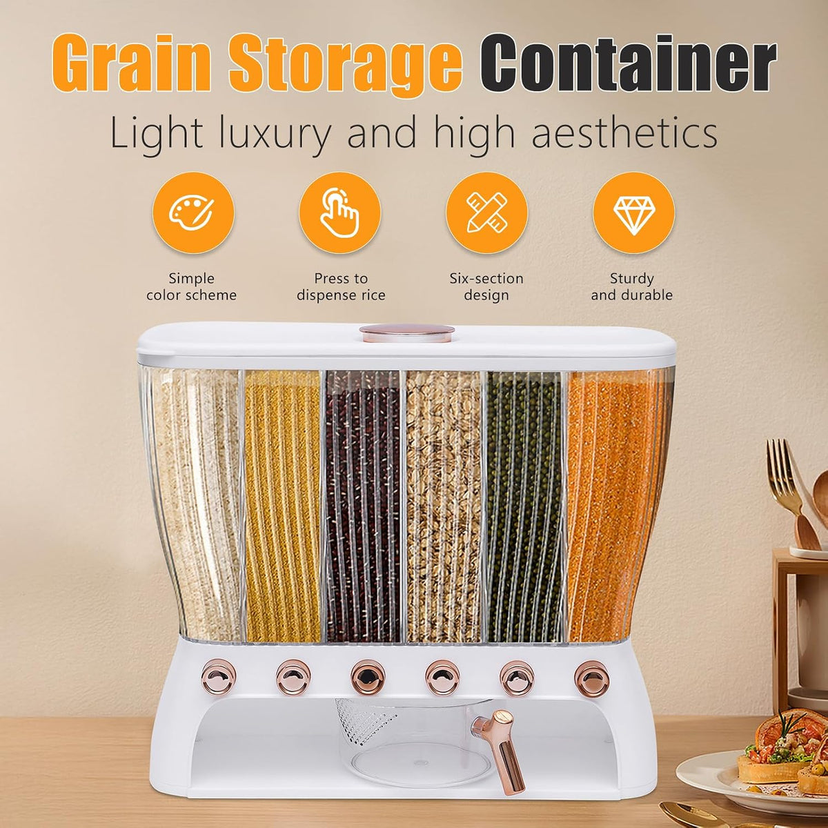 6 Grids Rice & Grain Storage Container 22.05 Pounds Rice Dispenser Food Dispenser Grain Dispenser One-Button Pressing Storage Bucket for Grains Snacks Candy Coffee Beans Dog (light green)