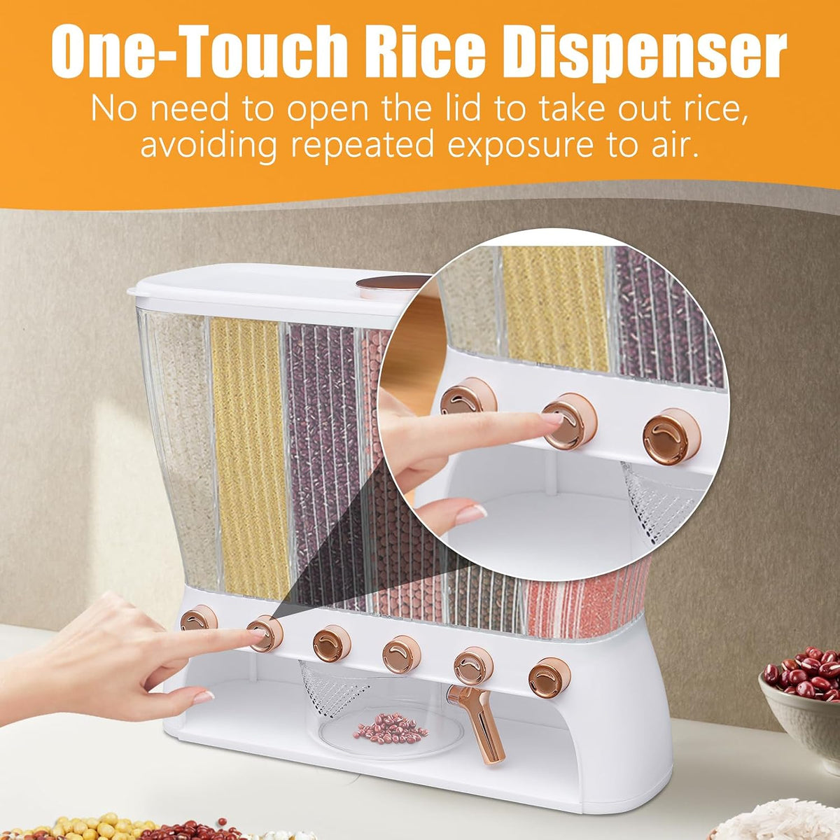 6 Grids Rice & Grain Storage Container 22.05 Pounds Rice Dispenser Food Dispenser Grain Dispenser One-Button Pressing Storage Bucket for Grains Snacks Candy Coffee Beans Dog (light green)