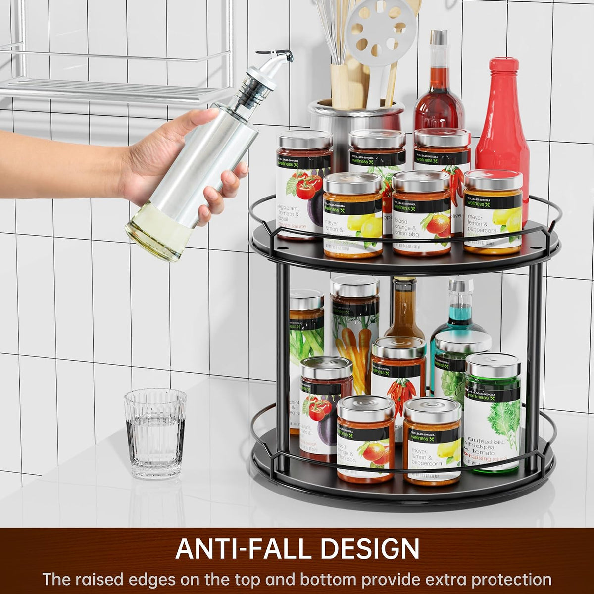 12.4" Lazy Susan Organizer 2 Tier, Rotating Spice Rack, Wooden Spinning Spice Holder for Inside Cabinet, Pantry, Kitchen, Countertop, Bathroom and Vanity, Versatile Storage