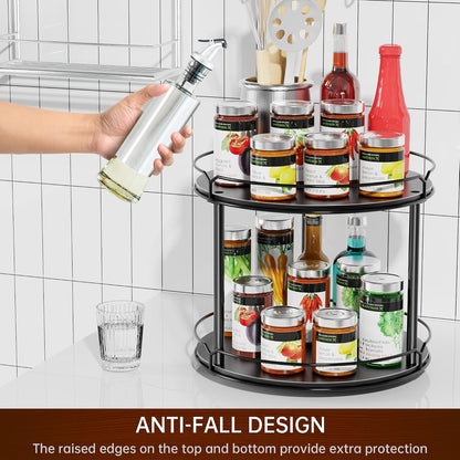 12.4" Lazy Susan Organizer 2 Tier, Rotating Spice Rack, Wooden Spinning Spice Holder for Inside Cabinet, Pantry, Kitchen, Countertop, Bathroom and Vanity, Versatile Storage