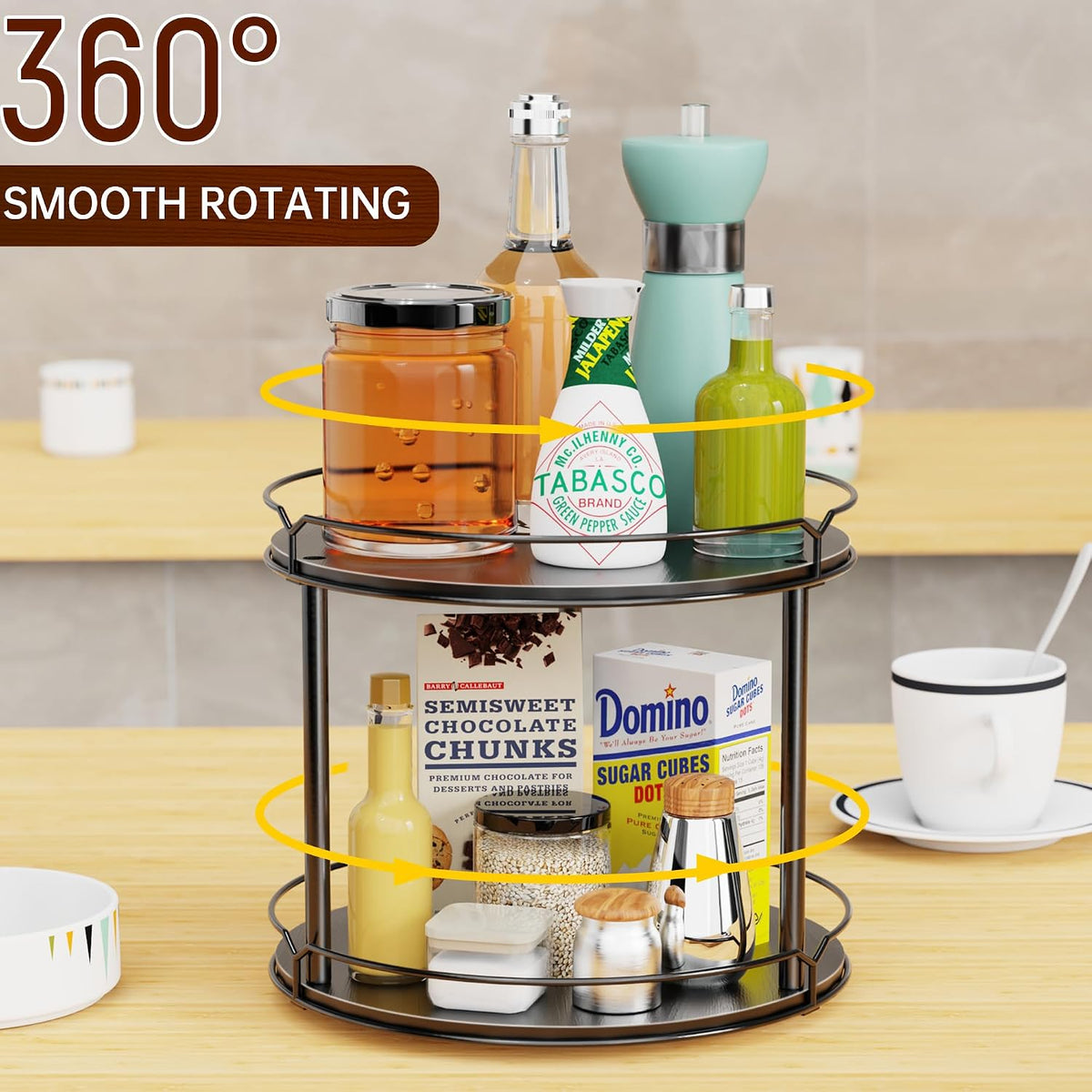 12.4" Lazy Susan Organizer 2 Tier, Rotating Spice Rack, Wooden Spinning Spice Holder for Inside Cabinet, Pantry, Kitchen, Countertop, Bathroom and Vanity, Versatile Storage