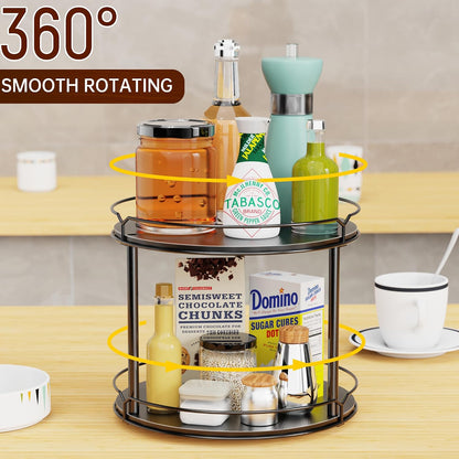 12.4" Lazy Susan Organizer 2 Tier, Rotating Spice Rack, Wooden Spinning Spice Holder for Inside Cabinet, Pantry, Kitchen, Countertop, Bathroom and Vanity, Versatile Storage