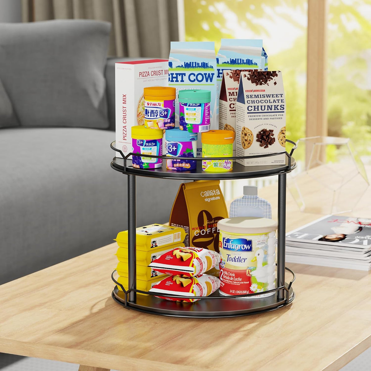 12.4" Lazy Susan Organizer 2 Tier, Rotating Spice Rack, Wooden Spinning Spice Holder for Inside Cabinet, Pantry, Kitchen, Countertop, Bathroom and Vanity, Versatile Storage