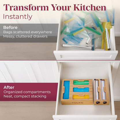 Bamboo Food Storage Bag Organizer for Drawer with Foil & Plastic Wrap Dispenser – 4 in 1 Premium Kitchen Drawer Organizer for Gallon, Quart & Sandwich Bags