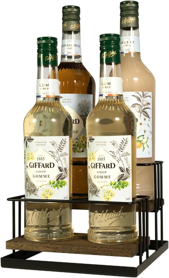 J Coffee Syrup Bottle Holder Rack, Rustic Wood and Black Metal Wire 2 Tier 4 Syrup, Wine, Dressing Bottle Countertop Display Storage Stand for Kitchen Coffee Bar- MK816E