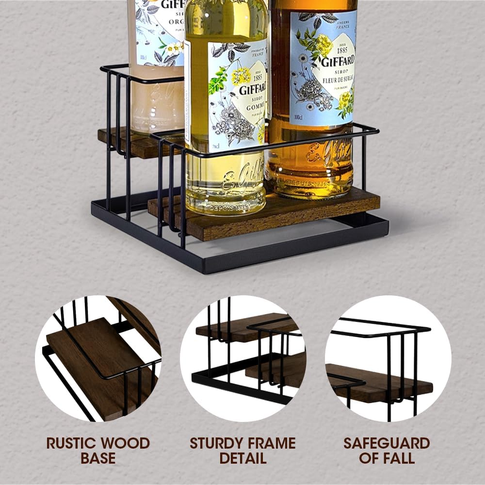 J Coffee Syrup Bottle Holder Rack, Rustic Wood and Black Metal Wire 2 Tier 4 Syrup, Wine, Dressing Bottle Countertop Display Storage Stand for Kitchen Coffee Bar- MK816E
