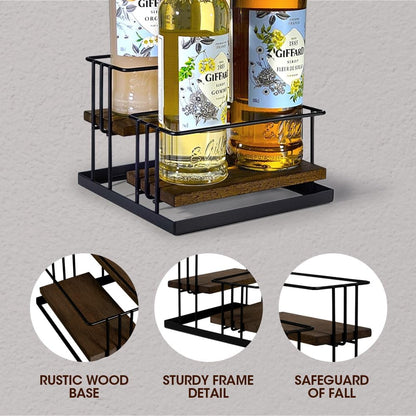 J Coffee Syrup Bottle Holder Rack, Rustic Wood and Black Metal Wire 2 Tier 4 Syrup, Wine, Dressing Bottle Countertop Display Storage Stand for Kitchen Coffee Bar- MK816E
