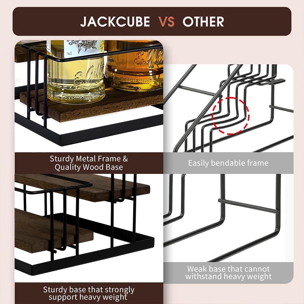 J Coffee Syrup Bottle Holder Rack, Rustic Wood and Black Metal Wire 2 Tier 4 Syrup, Wine, Dressing Bottle Countertop Display Storage Stand for Kitchen Coffee Bar- MK816E