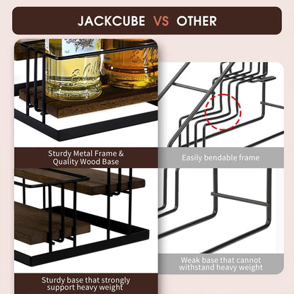 J Coffee Syrup Bottle Holder Rack, Rustic Wood and Black Metal Wire 2 Tier 4 Syrup, Wine, Dressing Bottle Countertop Display Storage Stand for Kitchen Coffee Bar- MK816E