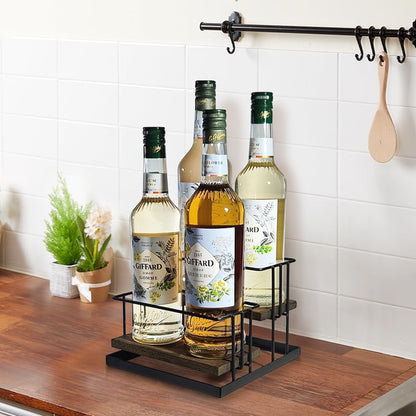 J Coffee Syrup Bottle Holder Rack, Rustic Wood and Black Metal Wire 2 Tier 4 Syrup, Wine, Dressing Bottle Countertop Display Storage Stand for Kitchen Coffee Bar- MK816E