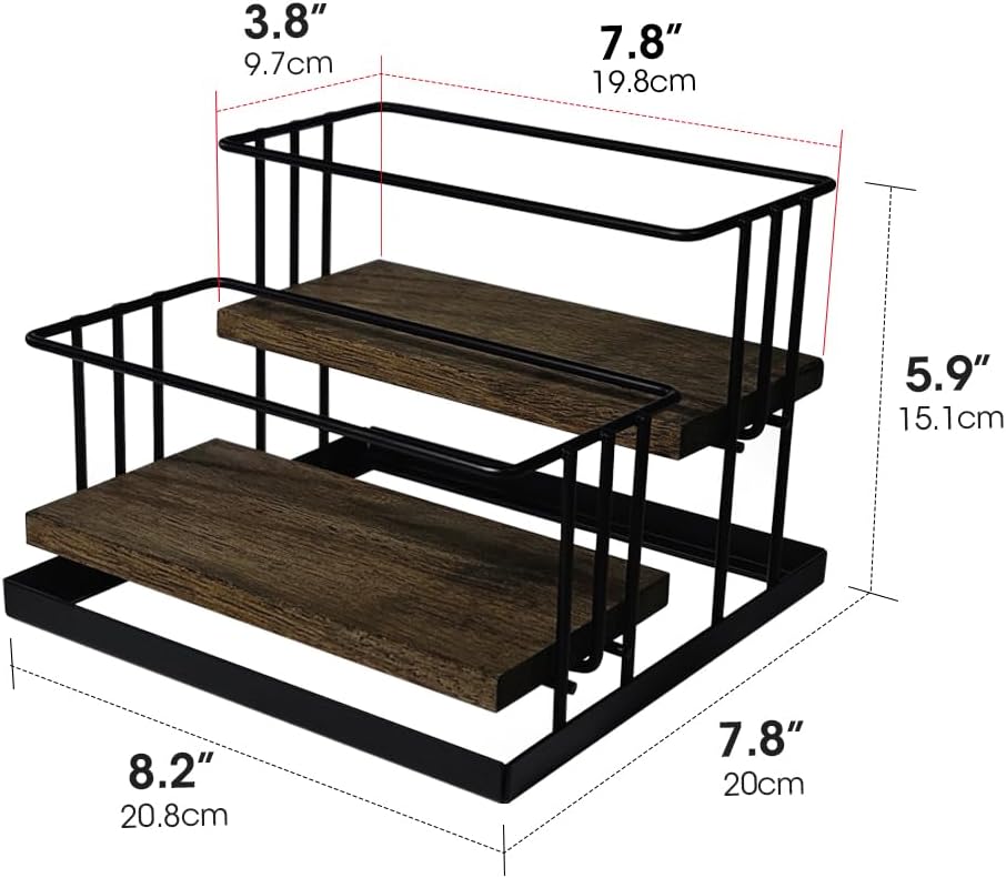 J Coffee Syrup Bottle Holder Rack, Rustic Wood and Black Metal Wire 2 Tier 4 Syrup, Wine, Dressing Bottle Countertop Display Storage Stand for Kitchen Coffee Bar- MK816E