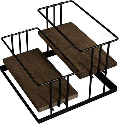 J Coffee Syrup Bottle Holder Rack, Rustic Wood and Black Metal Wire 2 Tier 4 Syrup, Wine, Dressing Bottle Countertop Display Storage Stand for Kitchen Coffee Bar- MK816E