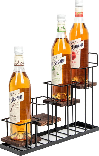 J Coffee Syrup Bottle Holder Rack, Rustic Wood and Black Metal Wire 2 Tier 4 Syrup, Wine, Dressing Bottle Countertop Display Storage Stand for Kitchen Coffee Bar- MK816E