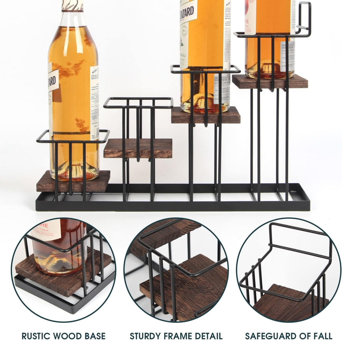 J Coffee Syrup Bottle Holder Rack, Rustic Wood and Black Metal Wire 2 Tier 4 Syrup, Wine, Dressing Bottle Countertop Display Storage Stand for Kitchen Coffee Bar- MK816E