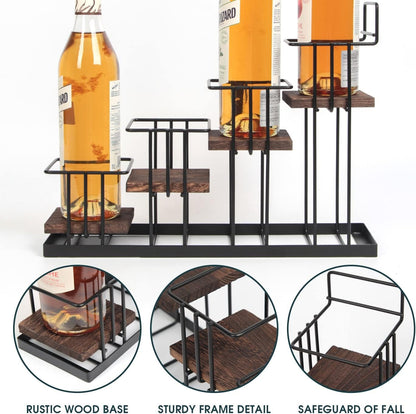 J Coffee Syrup Bottle Holder Rack, Rustic Wood and Black Metal Wire 2 Tier 4 Syrup, Wine, Dressing Bottle Countertop Display Storage Stand for Kitchen Coffee Bar- MK816E