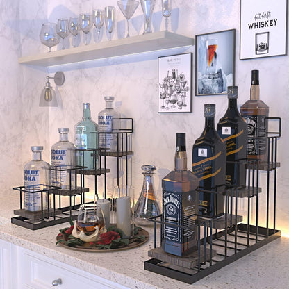 J Coffee Syrup Bottle Holder Rack, Rustic Wood and Black Metal Wire 2 Tier 4 Syrup, Wine, Dressing Bottle Countertop Display Storage Stand for Kitchen Coffee Bar- MK816E