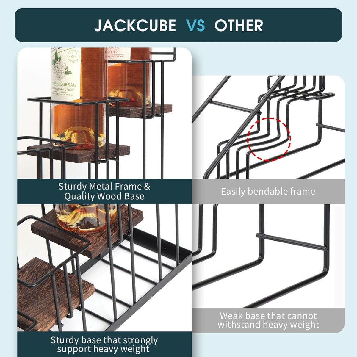 J Coffee Syrup Bottle Holder Rack, Rustic Wood and Black Metal Wire 2 Tier 4 Syrup, Wine, Dressing Bottle Countertop Display Storage Stand for Kitchen Coffee Bar- MK816E