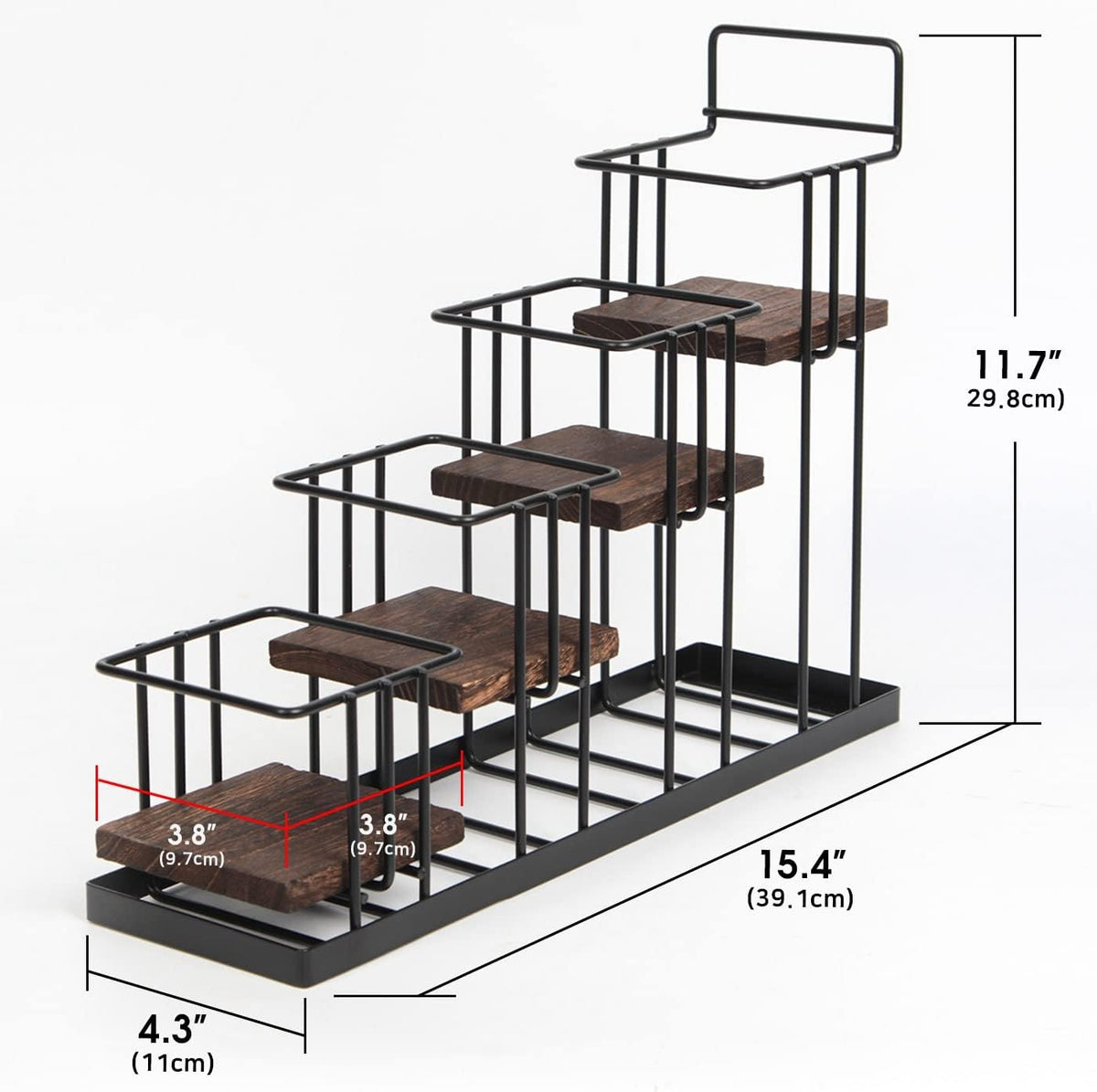 J Coffee Syrup Bottle Holder Rack, Rustic Wood and Black Metal Wire 2 Tier 4 Syrup, Wine, Dressing Bottle Countertop Display Storage Stand for Kitchen Coffee Bar- MK816E