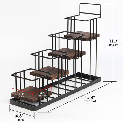J Coffee Syrup Bottle Holder Rack, Rustic Wood and Black Metal Wire 2 Tier 4 Syrup, Wine, Dressing Bottle Countertop Display Storage Stand for Kitchen Coffee Bar- MK816E