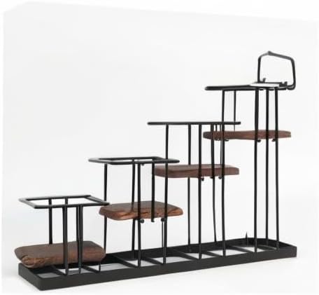 J Coffee Syrup Bottle Holder Rack, Rustic Wood and Black Metal Wire 2 Tier 4 Syrup, Wine, Dressing Bottle Countertop Display Storage Stand for Kitchen Coffee Bar- MK816E
