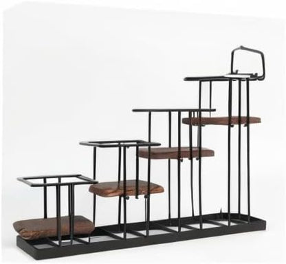 J Coffee Syrup Bottle Holder Rack, Rustic Wood and Black Metal Wire 2 Tier 4 Syrup, Wine, Dressing Bottle Countertop Display Storage Stand for Kitchen Coffee Bar- MK816E