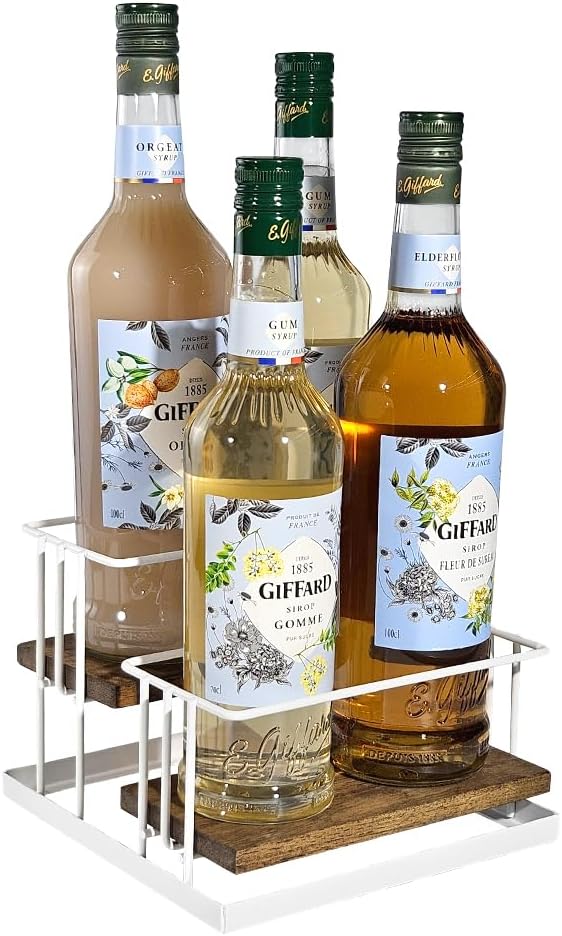 J Coffee Syrup Bottle Holder Rack, Rustic Wood and Black Metal Wire 2 Tier 4 Syrup, Wine, Dressing Bottle Countertop Display Storage Stand for Kitchen Coffee Bar- MK816E