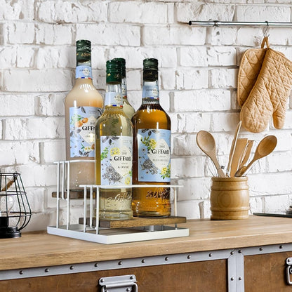 J Coffee Syrup Bottle Holder Rack, Rustic Wood and Black Metal Wire 2 Tier 4 Syrup, Wine, Dressing Bottle Countertop Display Storage Stand for Kitchen Coffee Bar- MK816E