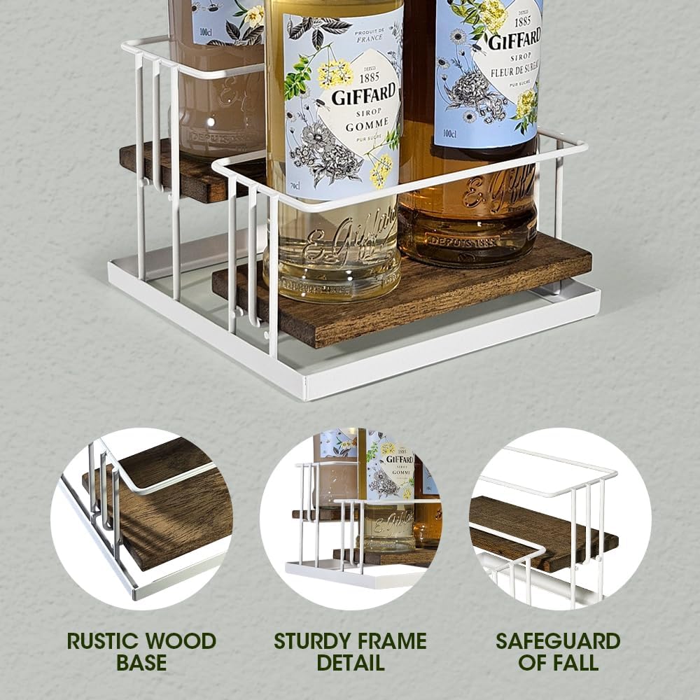 J Coffee Syrup Bottle Holder Rack, Rustic Wood and Black Metal Wire 2 Tier 4 Syrup, Wine, Dressing Bottle Countertop Display Storage Stand for Kitchen Coffee Bar- MK816E