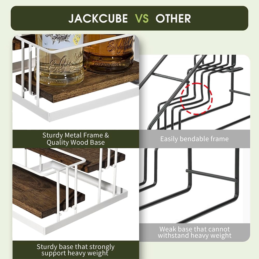 J Coffee Syrup Bottle Holder Rack, Rustic Wood and Black Metal Wire 2 Tier 4 Syrup, Wine, Dressing Bottle Countertop Display Storage Stand for Kitchen Coffee Bar- MK816E