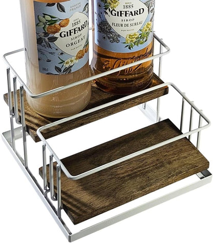 J Coffee Syrup Bottle Holder Rack, Rustic Wood and Black Metal Wire 2 Tier 4 Syrup, Wine, Dressing Bottle Countertop Display Storage Stand for Kitchen Coffee Bar- MK816E