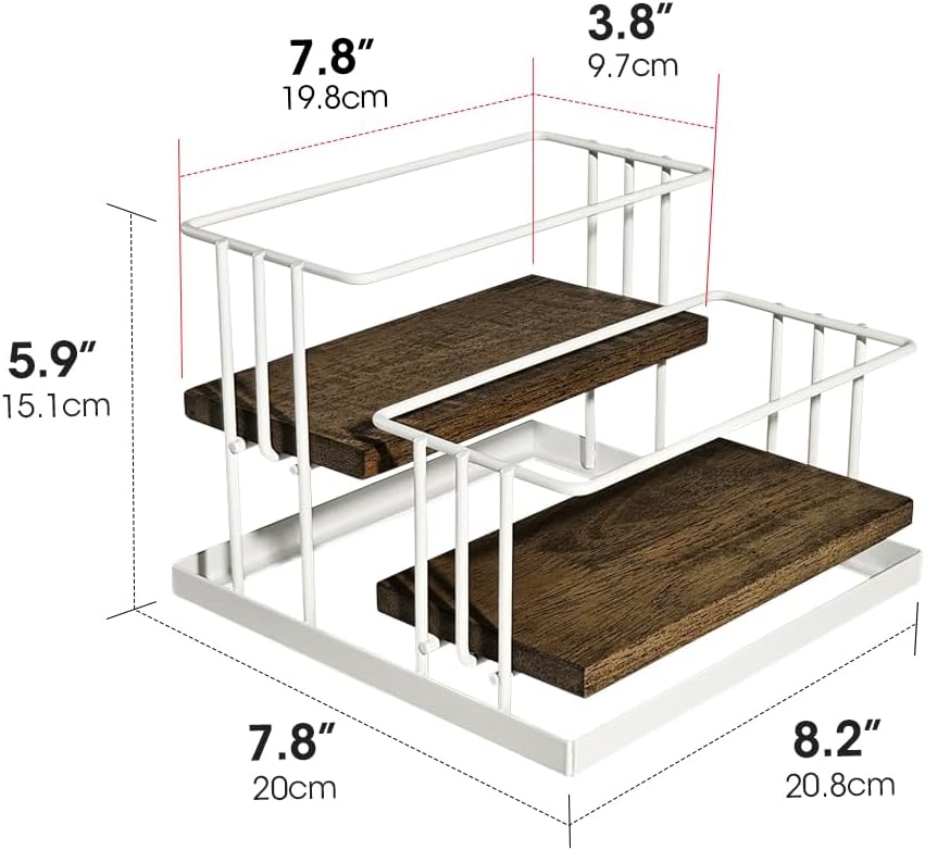 J Coffee Syrup Bottle Holder Rack, Rustic Wood and Black Metal Wire 2 Tier 4 Syrup, Wine, Dressing Bottle Countertop Display Storage Stand for Kitchen Coffee Bar- MK816E