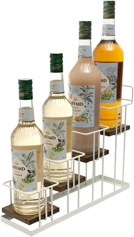 J Coffee Syrup Bottle Holder Rack, Rustic Wood and Black Metal Wire 2 Tier 4 Syrup, Wine, Dressing Bottle Countertop Display Storage Stand for Kitchen Coffee Bar- MK816E