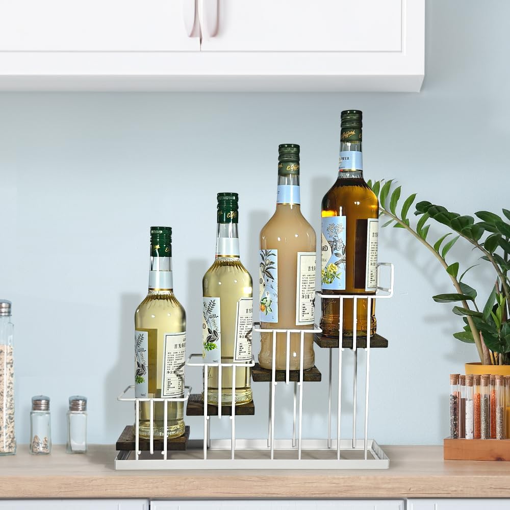 J Coffee Syrup Bottle Holder Rack, Rustic Wood and Black Metal Wire 2 Tier 4 Syrup, Wine, Dressing Bottle Countertop Display Storage Stand for Kitchen Coffee Bar- MK816E