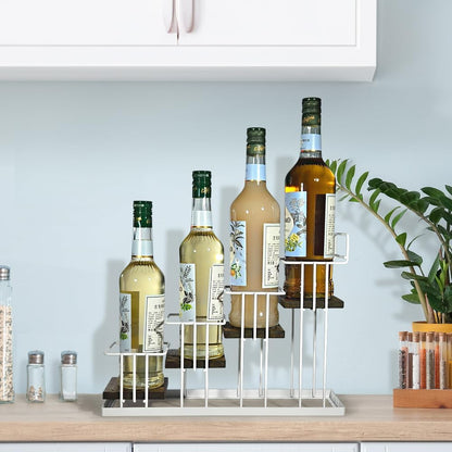 J Coffee Syrup Bottle Holder Rack, Rustic Wood and Black Metal Wire 2 Tier 4 Syrup, Wine, Dressing Bottle Countertop Display Storage Stand for Kitchen Coffee Bar- MK816E