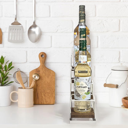 J Coffee Syrup Bottle Holder Rack, Rustic Wood and Black Metal Wire 2 Tier 4 Syrup, Wine, Dressing Bottle Countertop Display Storage Stand for Kitchen Coffee Bar- MK816E