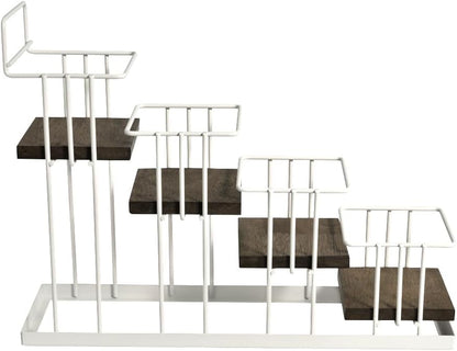 J Coffee Syrup Bottle Holder Rack, Rustic Wood and Black Metal Wire 2 Tier 4 Syrup, Wine, Dressing Bottle Countertop Display Storage Stand for Kitchen Coffee Bar- MK816E