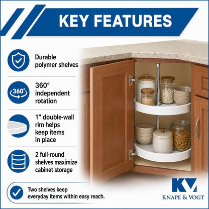 Plastic Lazy Susan Organizer, 2-Tier Lazy Susan for Cabinet, Full-Round 20-Inch Polymer Spice Turntable, White