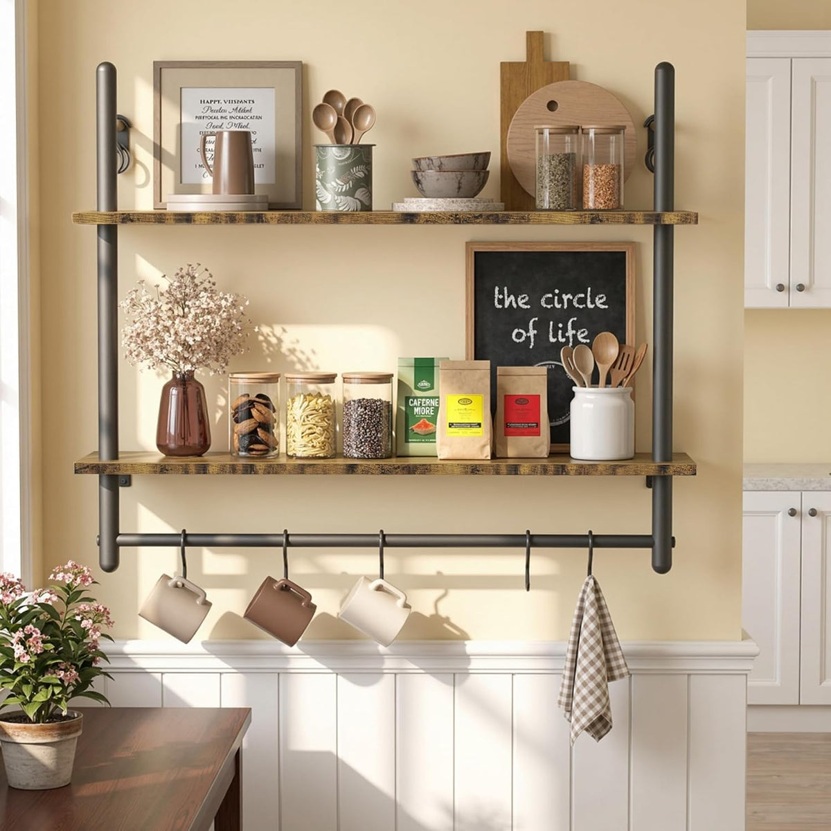 31.5" Industrial Pipe Floating Shelf with Towel Bar & Hooks