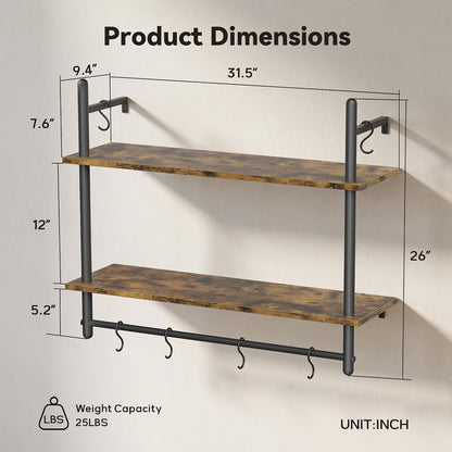 31.5" Industrial Pipe Floating Shelf with Towel Bar & Hooks