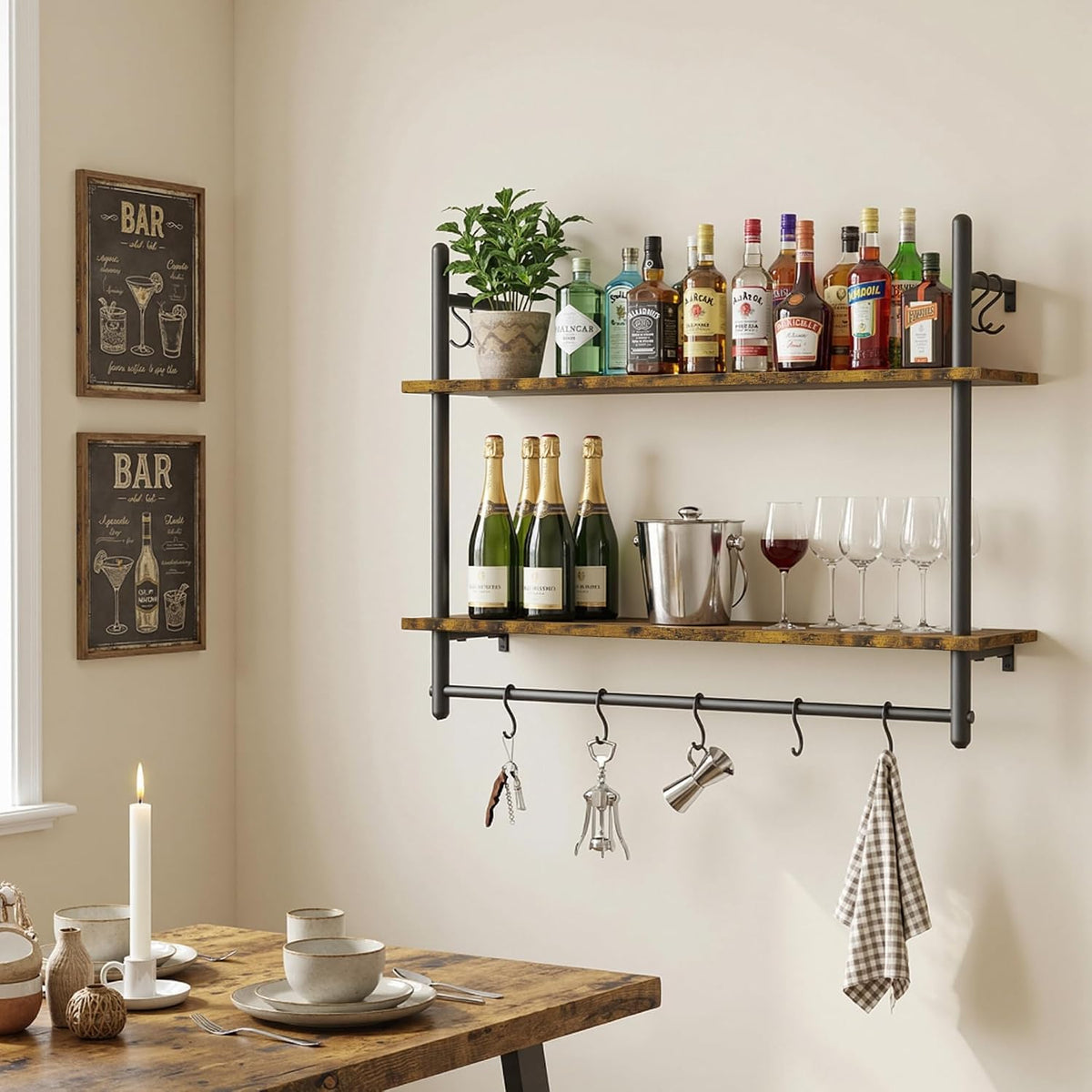 31.5" Industrial Pipe Floating Shelf with Towel Bar & Hooks