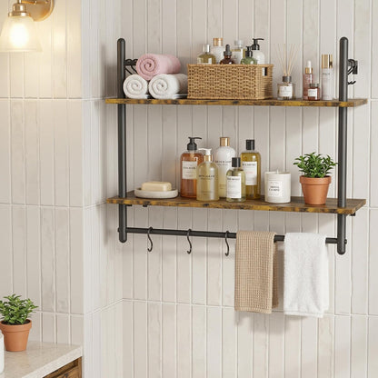 31.5" Industrial Pipe Floating Shelf with Towel Bar & Hooks