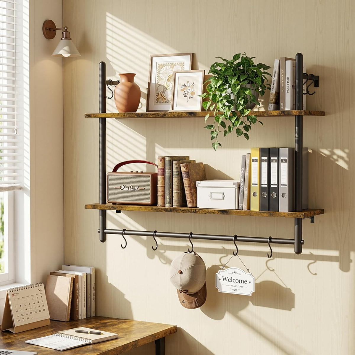 31.5" Industrial Pipe Floating Shelf with Towel Bar & Hooks