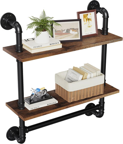 31.5" Industrial Pipe Floating Shelf with Towel Bar & Hooks